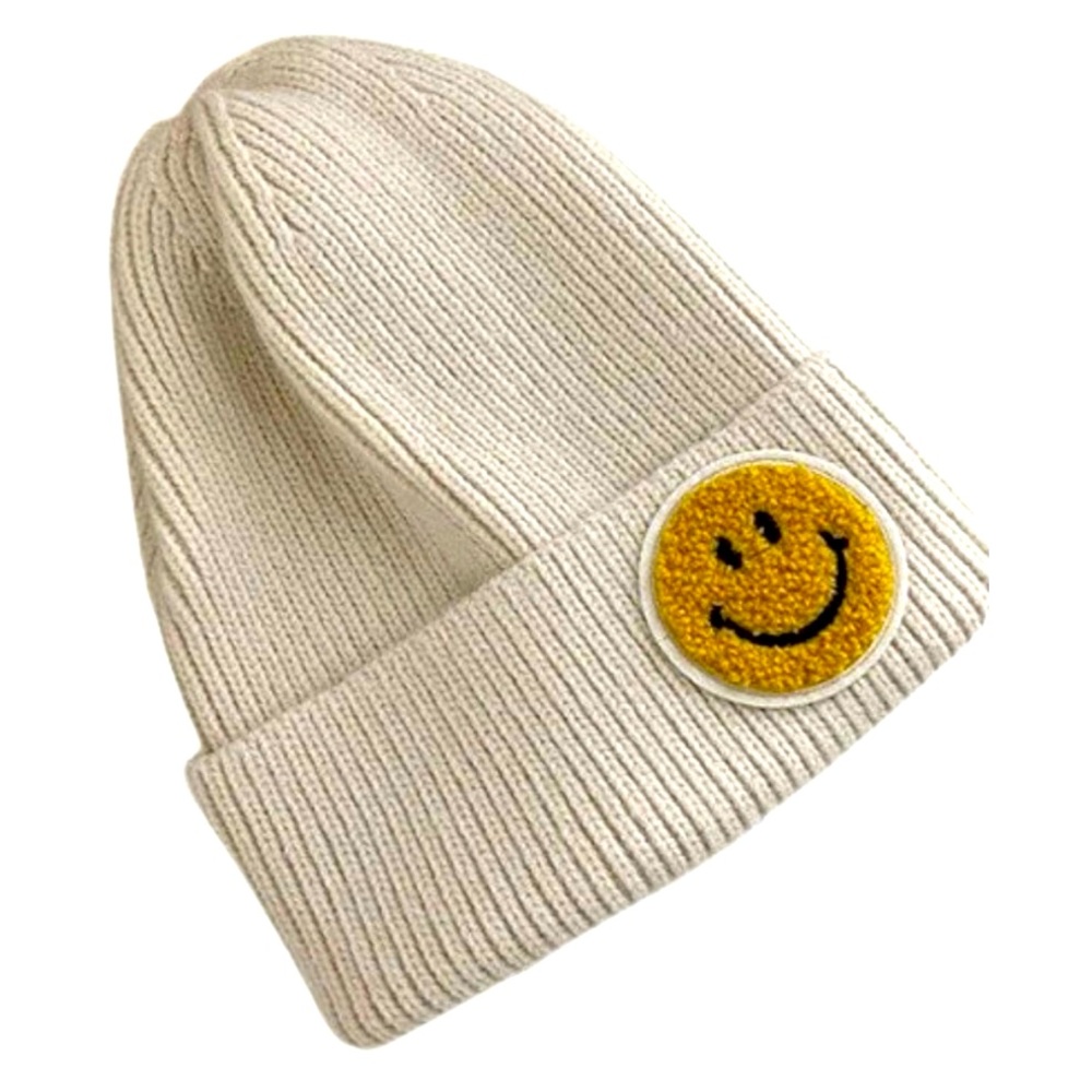 NWT Smiley Face Knit Winter Hat, Cream, OS